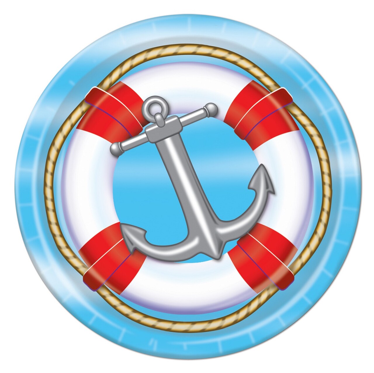 Beistle Pack of 96 Vibrantly Colored Nautical Life Preserver and Anchor Disposable Dinner Plates 9"